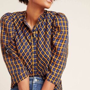 Eva Franco Textured Plaid Button Front Blouse size 6